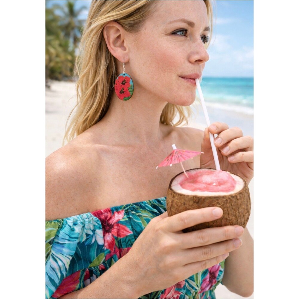 Hand Painted Tropical Floral Earrings | Teal Wood Hibiscus Dangle Earrings